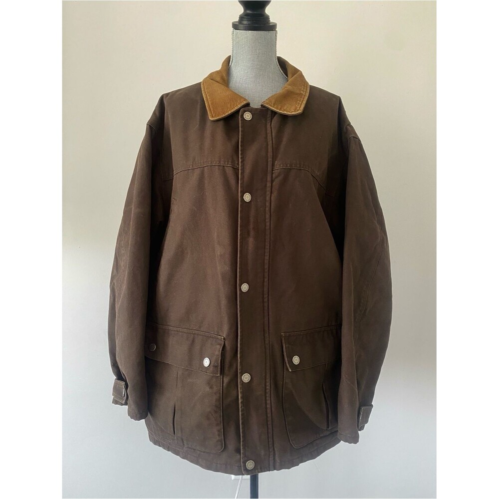 VTG Guide Gear Work Jacket Chore Coat XL Canvas Insulated Leather Collar Hong K